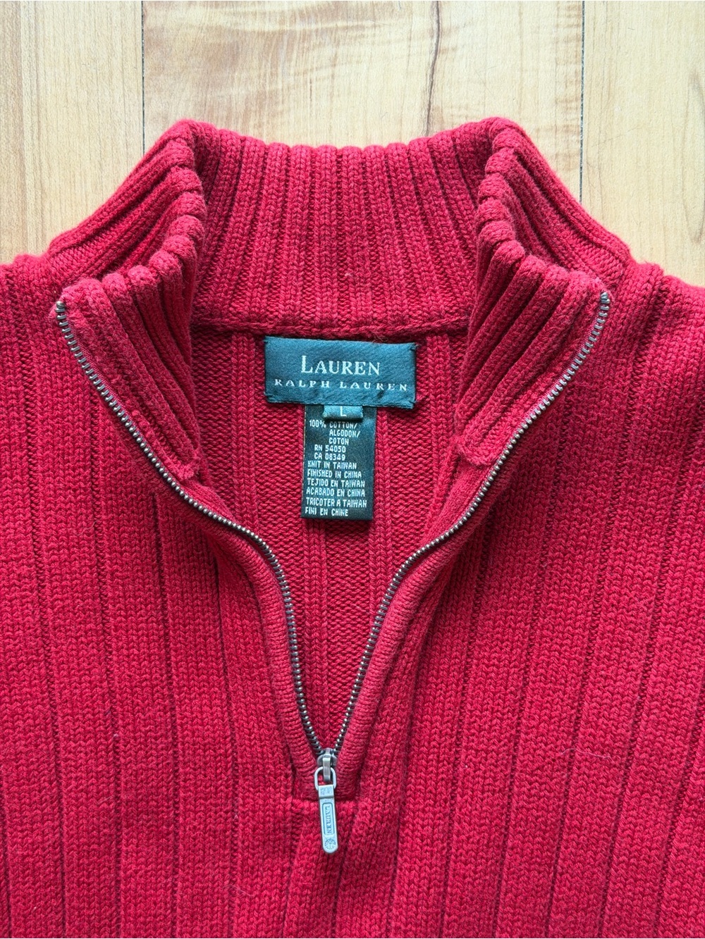 Lauren Ralph Lauren Red Ribbed 1/4 Zip 100% Cotton Sweater Women’s Large
